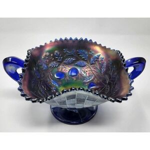 Northwood Cobalt Blue Fruits & Flowers Carnival Glass Handled Bonbon Dish